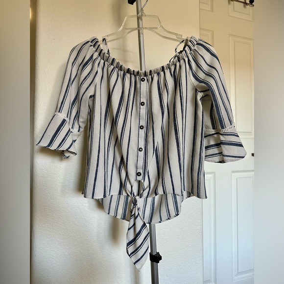 NAVY/WHITE BELL SLEEVE / OFF THE SHOULDER / BLOUSE - Picture 11 of 11